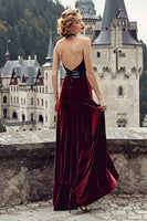 Load image into Gallery viewer, Burgundy Halter Mermaid Velvet Maxi Holiday Party Dress with Bow