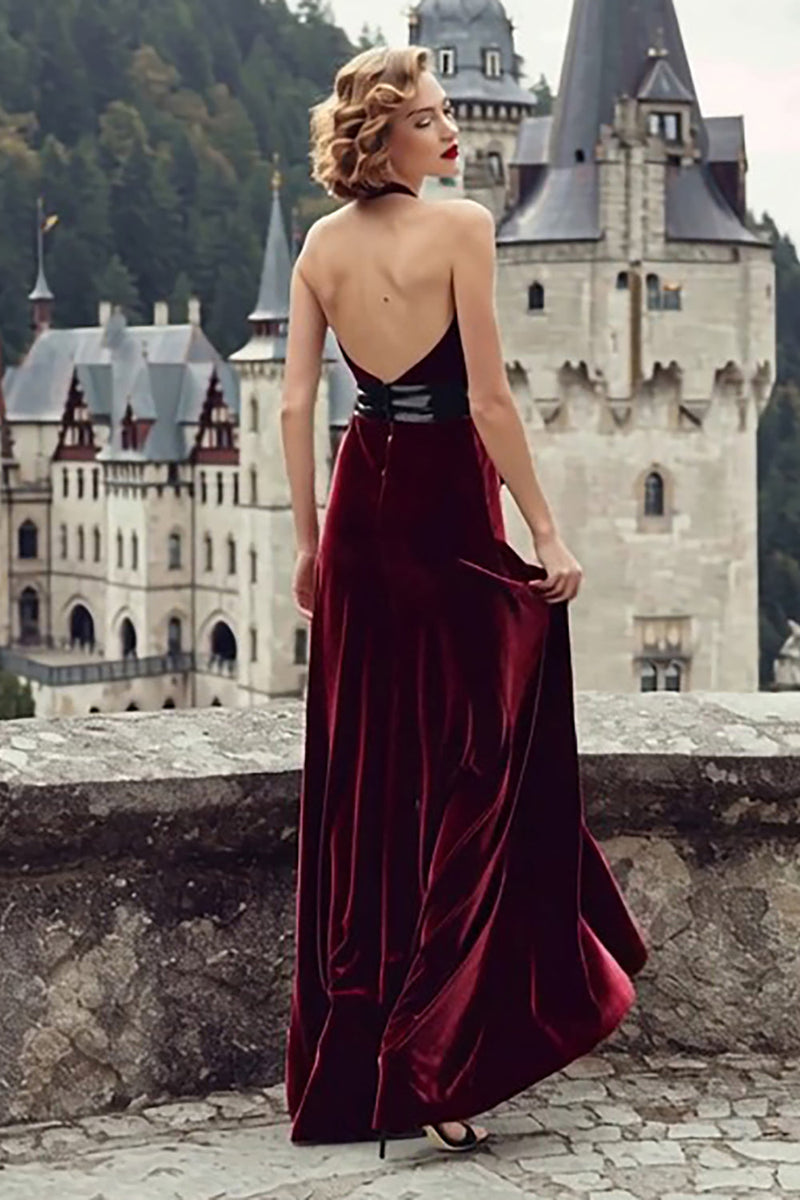 Load image into Gallery viewer, Burgundy Halter Mermaid Velvet Maxi Holiday Party Dress with Bow