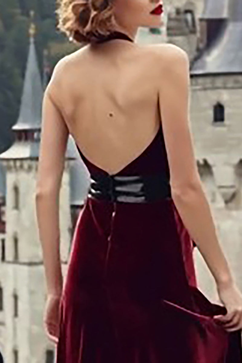 Load image into Gallery viewer, Burgundy Halter Mermaid Velvet Maxi Holiday Party Dress with Bow