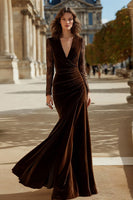 Load image into Gallery viewer, Brown Velvet V Neck Mermaid Maxi Holiday Party Dress with Lace