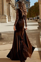 Load image into Gallery viewer, Brown Velvet V Neck Mermaid Maxi Holiday Party Dress with Lace