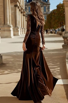 Brown Velvet V Neck Mermaid Maxi Holiday Party Dress with Lace