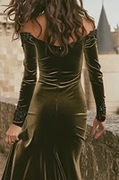Load image into Gallery viewer, Olive Off the Shoulder Mermaid Maxi Holiday Party Dress