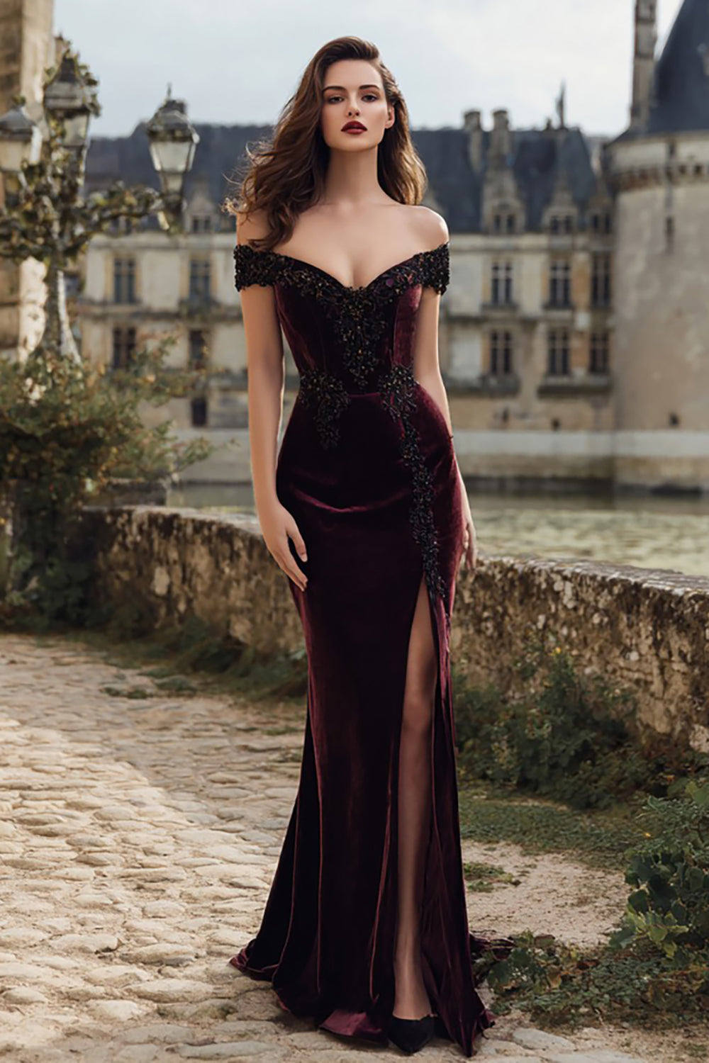Burgundy Velvet Mermaid Appliqued Maxi Holiday Party Dress with Slit
