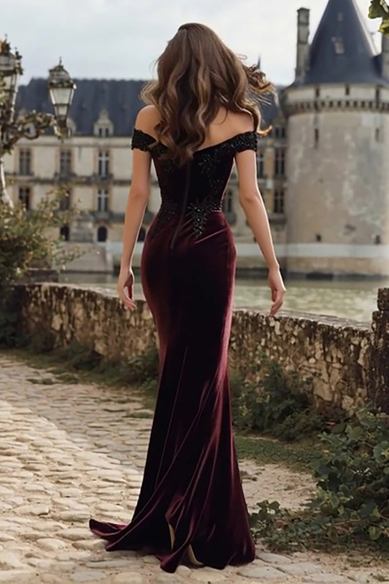 Load image into Gallery viewer, Burgundy Velvet Mermaid Appliqued Maxi Holiday Party Dress with Slit