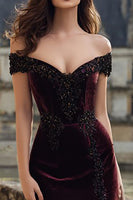 Load image into Gallery viewer, Burgundy Velvet Mermaid Appliqued Maxi Holiday Party Dress with Slit