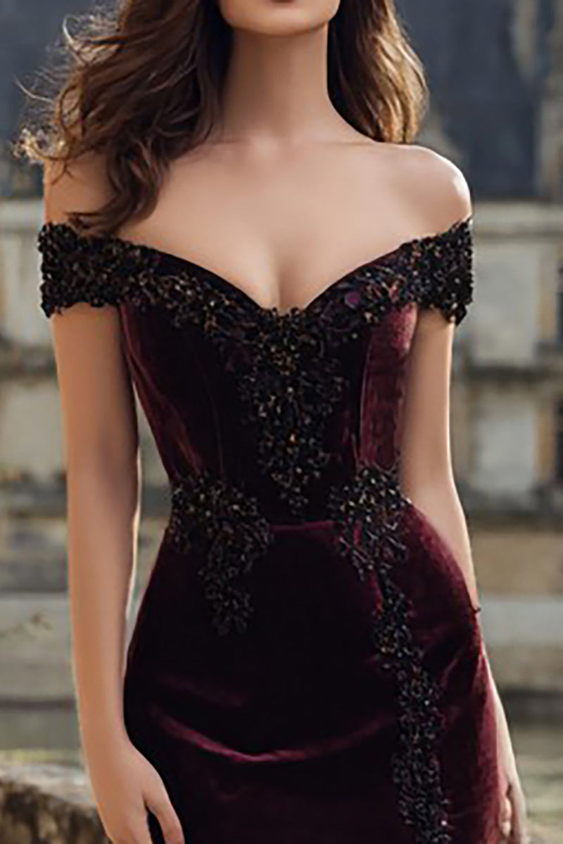 Load image into Gallery viewer, Burgundy Velvet Mermaid Appliqued Maxi Holiday Party Dress with Slit