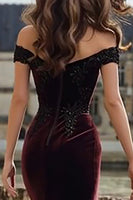 Load image into Gallery viewer, Burgundy Velvet Mermaid Appliqued Maxi Holiday Party Dress with Slit