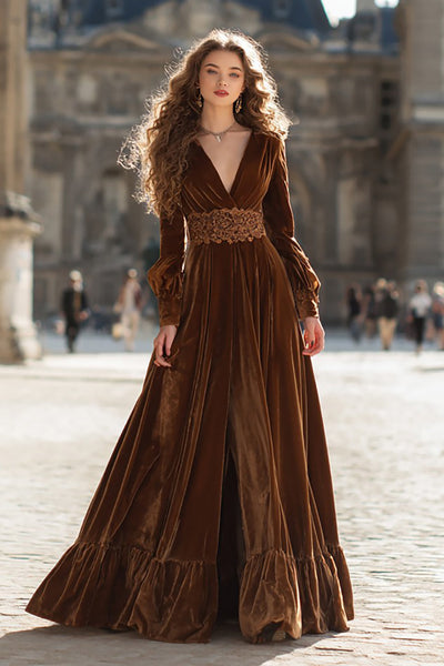Women Brown Velvet Maxi Holiday Party Dress with Sleeves Ruched A Line V Neck Evening Dress