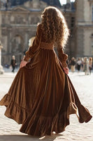 Load image into Gallery viewer, Brown A Line Maxi Velvet Holiday Party Dress with Sleeves