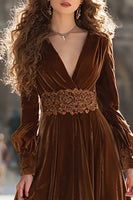 Load image into Gallery viewer, Brown A Line Maxi Velvet Holiday Party Dress with Sleeves