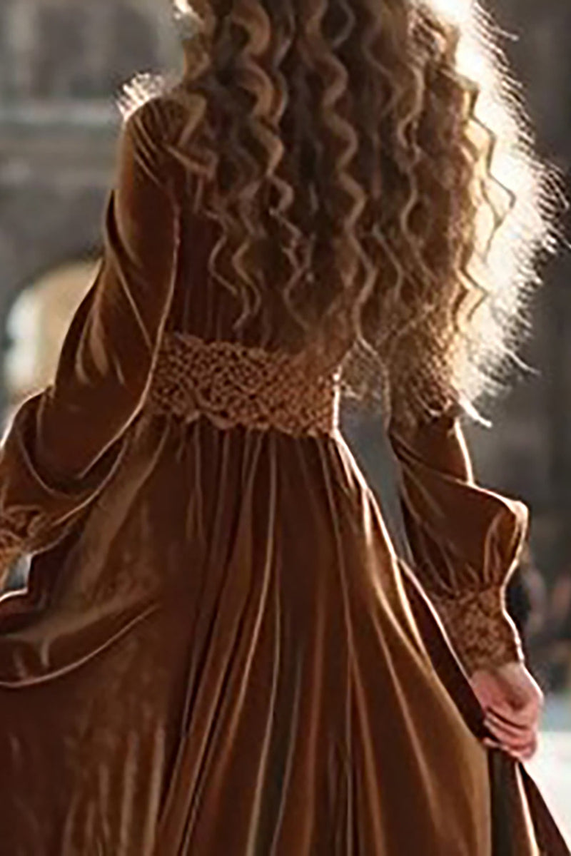 Load image into Gallery viewer, Brown A Line Maxi Velvet Holiday Party Dress with Sleeves