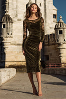 Load image into Gallery viewer, Olive Velvet Midi Mermaid Holiday Party Dress with Lace