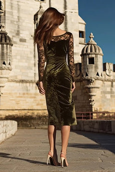 Olive Velvet Midi Mermaid Holiday Party Dress with Lace