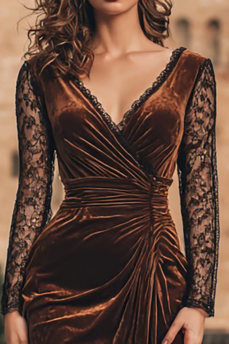 Load image into Gallery viewer, Brown Velvet Midi Mermaid Holiday Party Dress