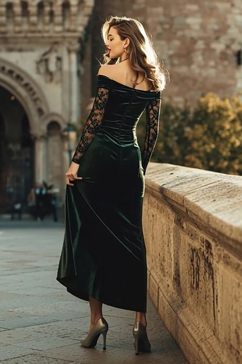 Load image into Gallery viewer, Dark Green Velvet Off the Shoulder Mermaid Maxi Holiday Party Dress