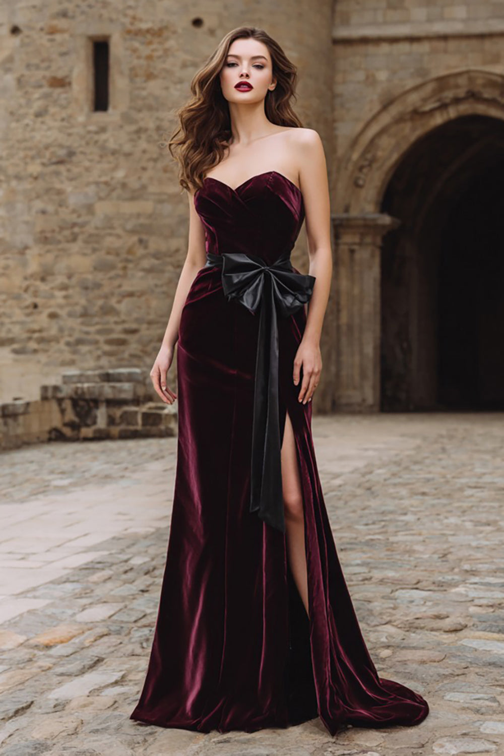 Burgundy Velvet Mermaid Maxi Strapless Holiday Party Dress with Bow