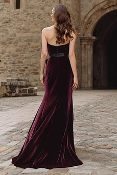 Burgundy Velvet Mermaid Maxi Strapless Holiday Party Dress with Bow