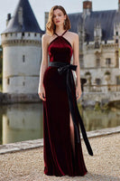Load image into Gallery viewer, Burgundy Velvet Maxi Halter Holiday Party Dress with Sash