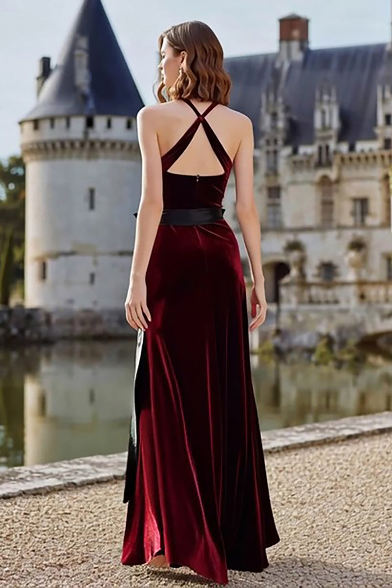 Load image into Gallery viewer, Burgundy Velvet Maxi Halter Holiday Party Dress with Sash
