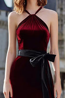 Load image into Gallery viewer, Burgundy Velvet Maxi Halter Holiday Party Dress with Sash