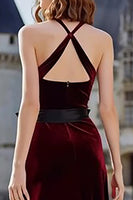 Load image into Gallery viewer, Burgundy Velvet Maxi Halter Holiday Party Dress with Sash