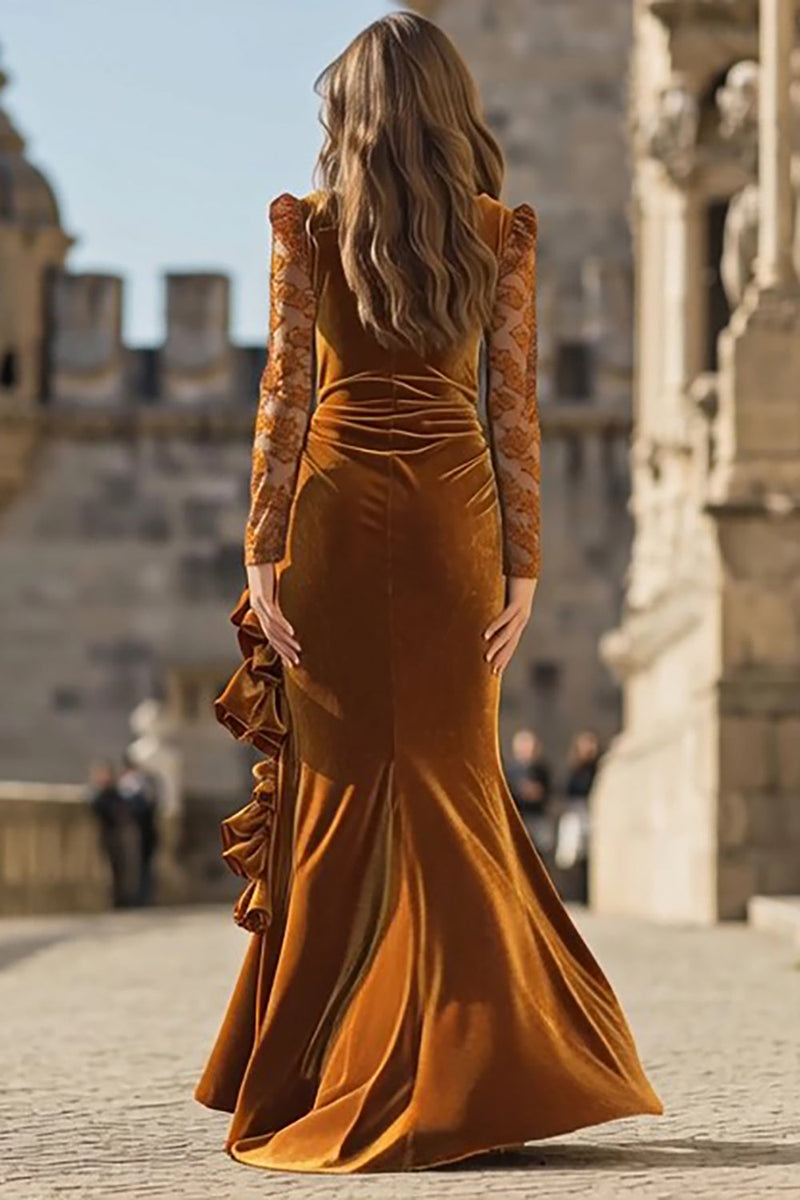 Load image into Gallery viewer, Caramel Velvet Ruffled Maxi Mermaid Holiday Party Dress with Slit
