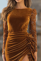 Load image into Gallery viewer, Caramel Velvet Ruffled Maxi Mermaid Holiday Party Dress with Slit