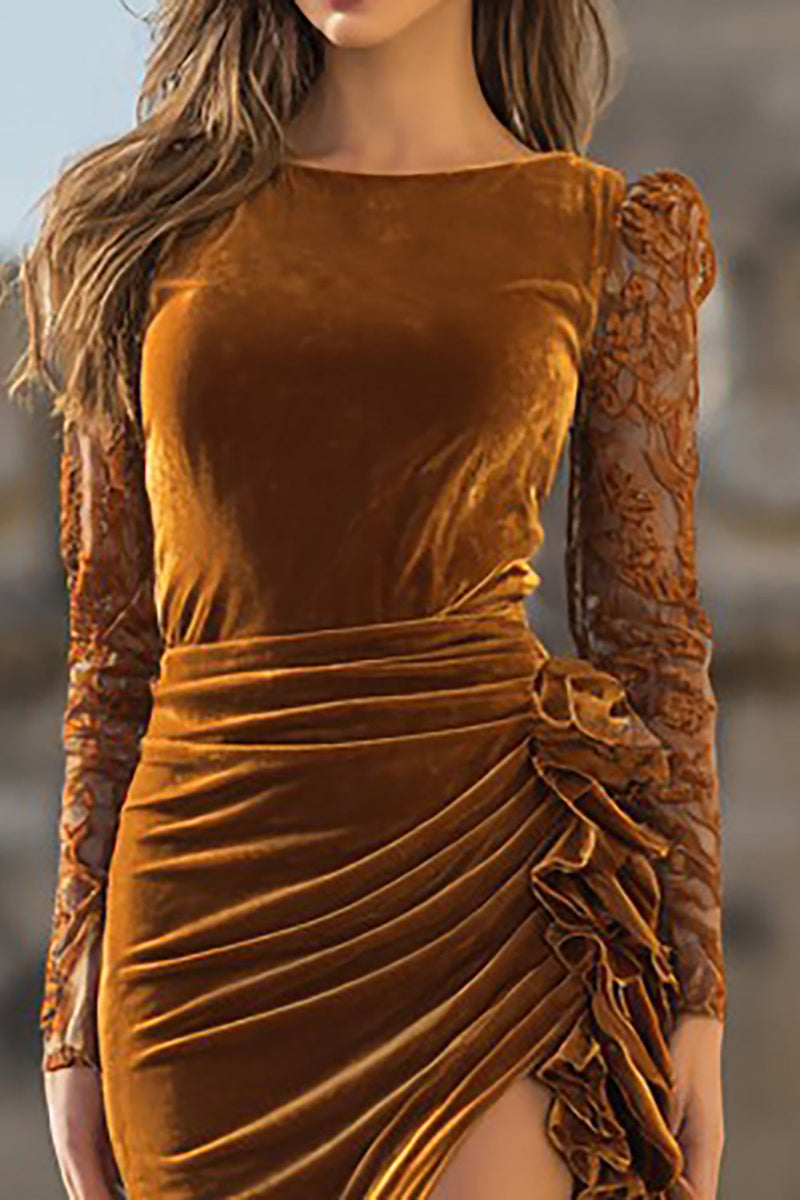 Load image into Gallery viewer, Caramel Velvet Ruffled Maxi Mermaid Holiday Party Dress with Slit