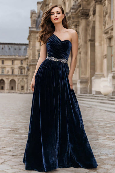 Sparkly Navy Velvet Maxi Beaded Holiday Party Dress