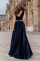 Load image into Gallery viewer, Sparkly Navy Velvet Maxi Beaded Holiday Party Dress