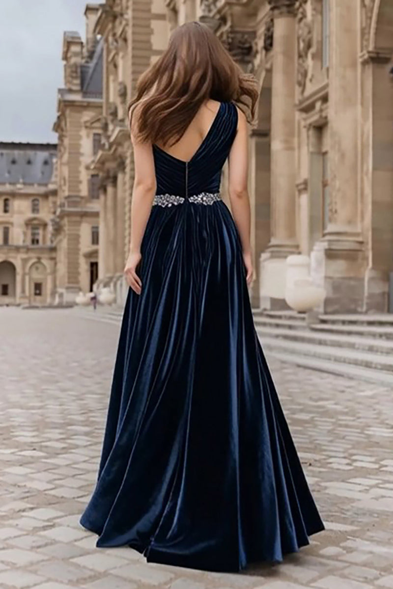 Load image into Gallery viewer, Sparkly Navy Velvet Maxi Beaded Holiday Party Dress