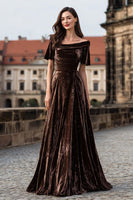 Load image into Gallery viewer, Brown A Line Velvet Maxi Holiday Party Dress