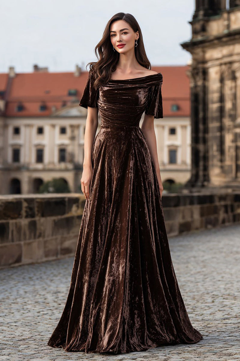 Load image into Gallery viewer, Brown A Line Velvet Maxi Holiday Party Dress