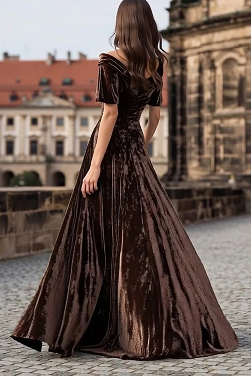 Load image into Gallery viewer, Brown A Line Velvet Maxi Holiday Party Dress