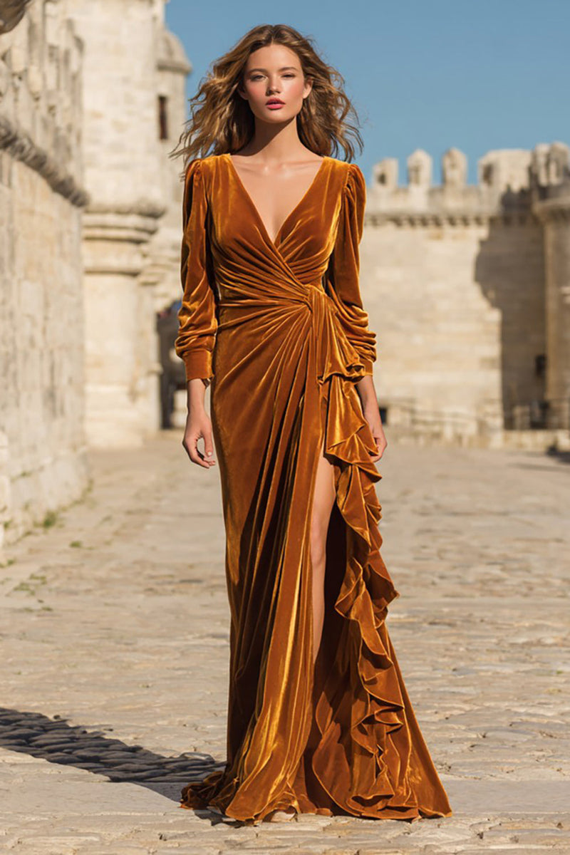 Load image into Gallery viewer, Caramel Velvet Maxi Ruffled Holiday Party Dress with Slit