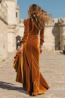 Load image into Gallery viewer, Caramel Velvet Maxi Ruffled Holiday Party Dress with Slit