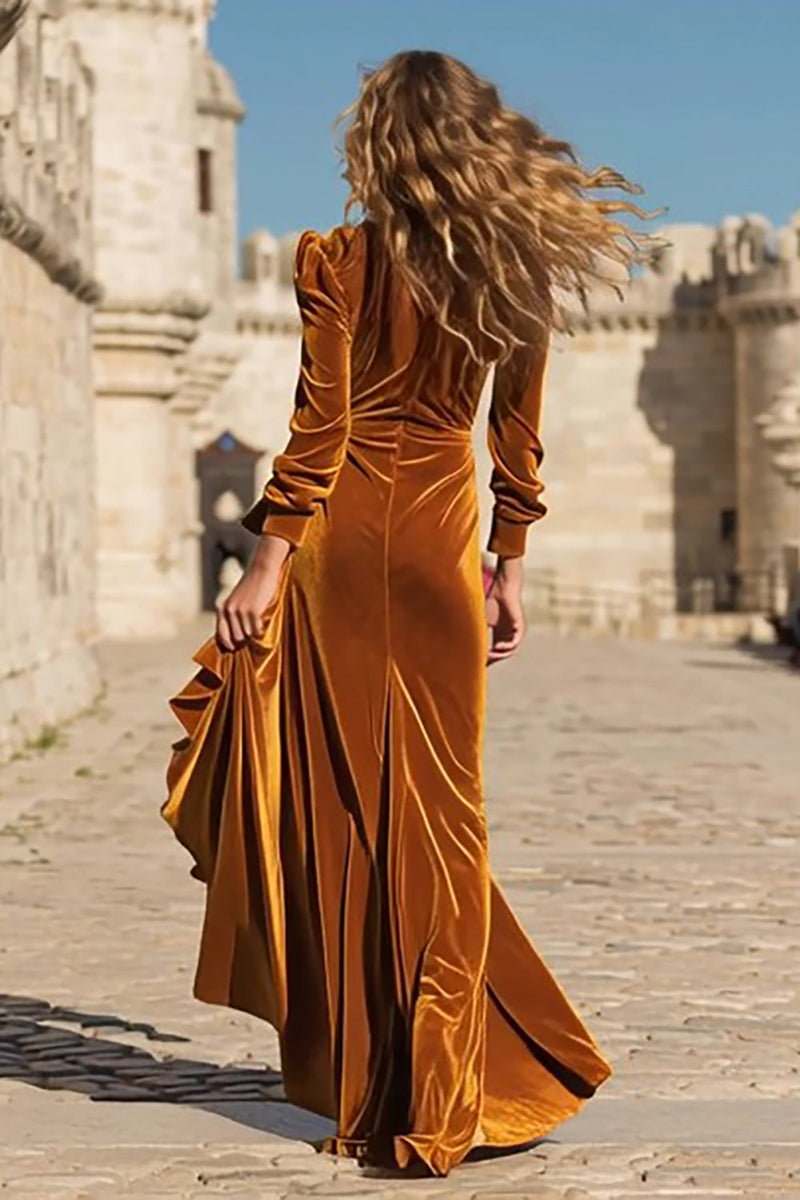 Load image into Gallery viewer, Caramel Velvet Maxi Ruffled Holiday Party Dress with Slit