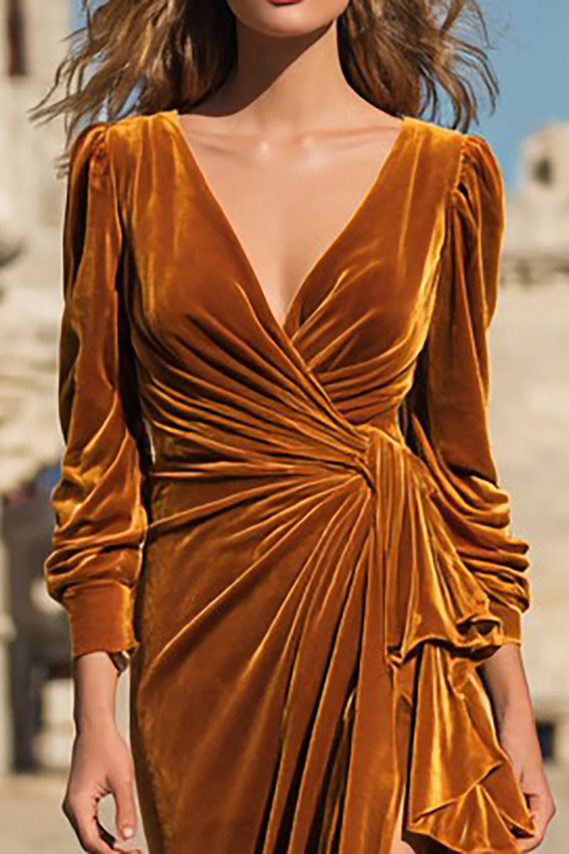 Load image into Gallery viewer, Caramel Velvet Maxi Ruffled Holiday Party Dress with Slit