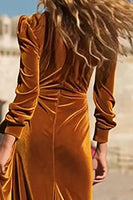 Load image into Gallery viewer, Caramel Velvet Maxi Ruffled Holiday Party Dress with Slit