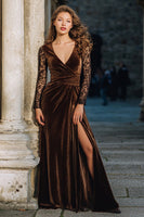 Load image into Gallery viewer, Brown A Line Velvet Maxi Holiday Party Dress with Slit