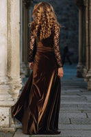 Load image into Gallery viewer, Brown A Line Velvet Maxi Holiday Party Dress with Slit