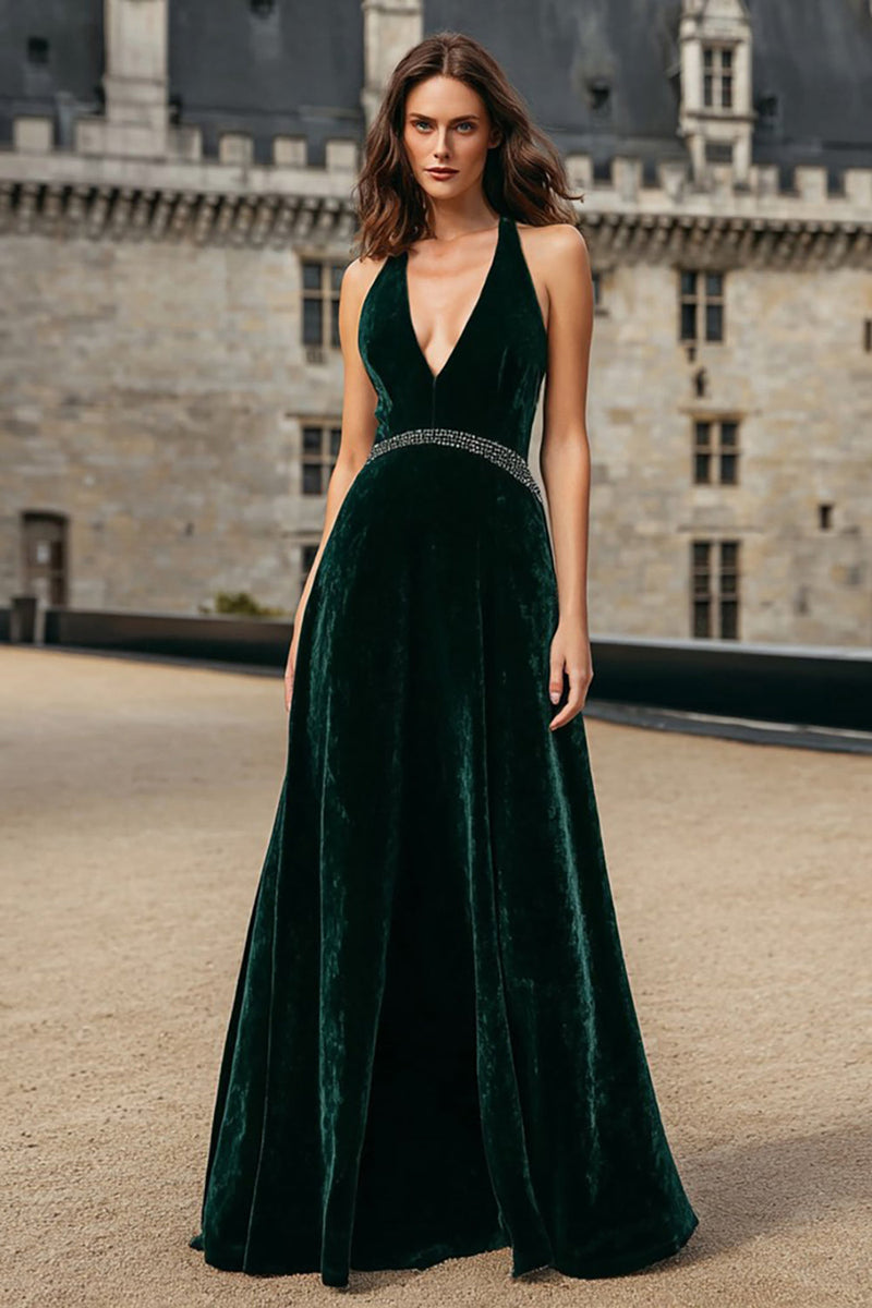 Load image into Gallery viewer, Sparkly Dark Green Halter Maxi Velvet Holiday Party Dress