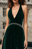 Load image into Gallery viewer, Sparkly Dark Green Halter Maxi Velvet Holiday Party Dress