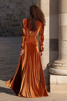 Load image into Gallery viewer, Caramel V Neck Velvet Maxi Holiday Party Dress with Slit