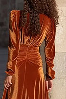 Load image into Gallery viewer, Caramel V Neck Velvet Maxi Holiday Party Dress with Slit