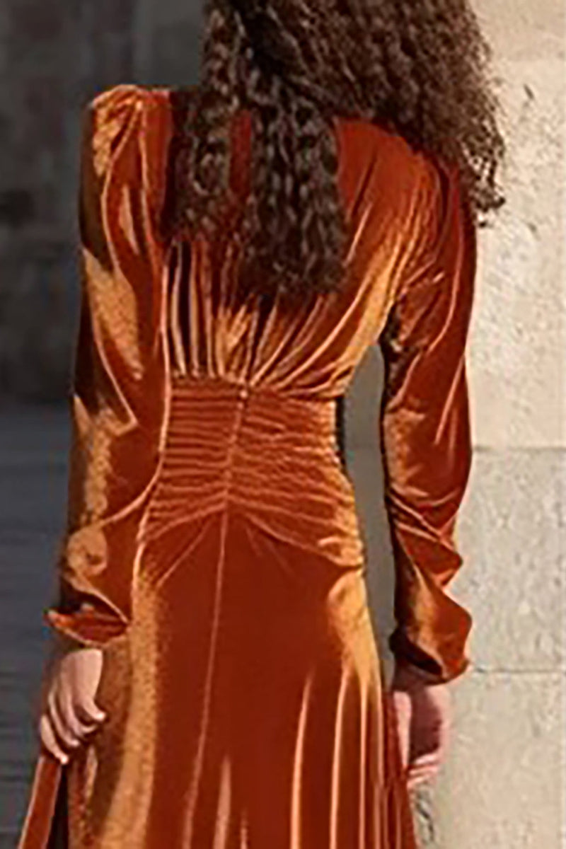 Load image into Gallery viewer, Caramel V Neck Velvet Maxi Holiday Party Dress with Slit
