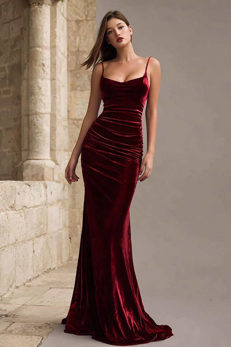 Load image into Gallery viewer, Burgundy Mermaid Velvet Maxi Holiday Party Dress