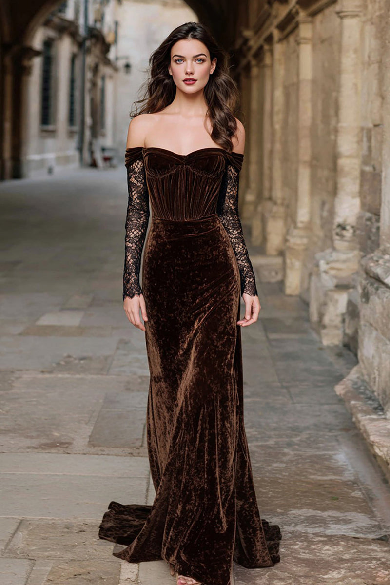 Load image into Gallery viewer, Brown Mermaid Velvet Long Corset Holiday Party Dress