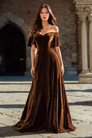 Load image into Gallery viewer, Brown Velvet A Line Long Holiday Party Dress with Ruffles